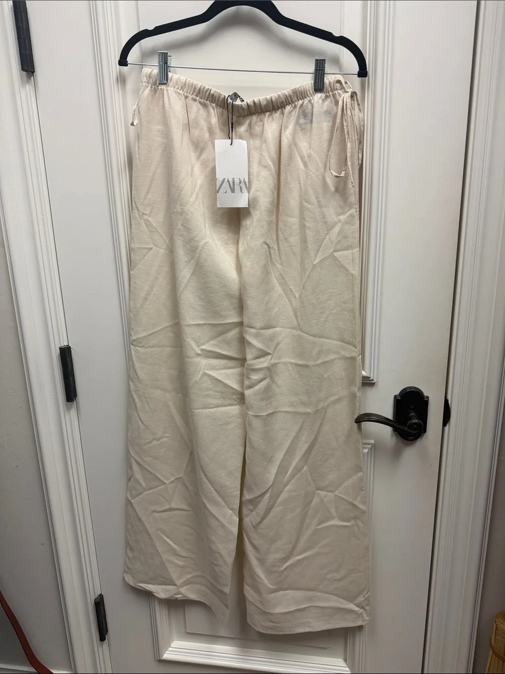 Zara Wide Leg Drawstring linen low rise side tie Cream ecru khaki trouser pants